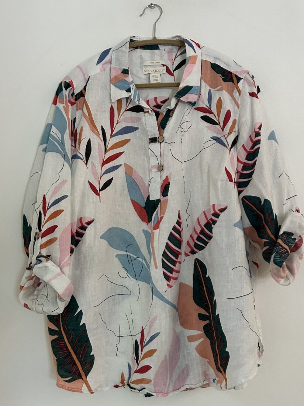 Cynthia Rowley 100% Linen Tropical Leaf Henley Tunic Top Multi 2X